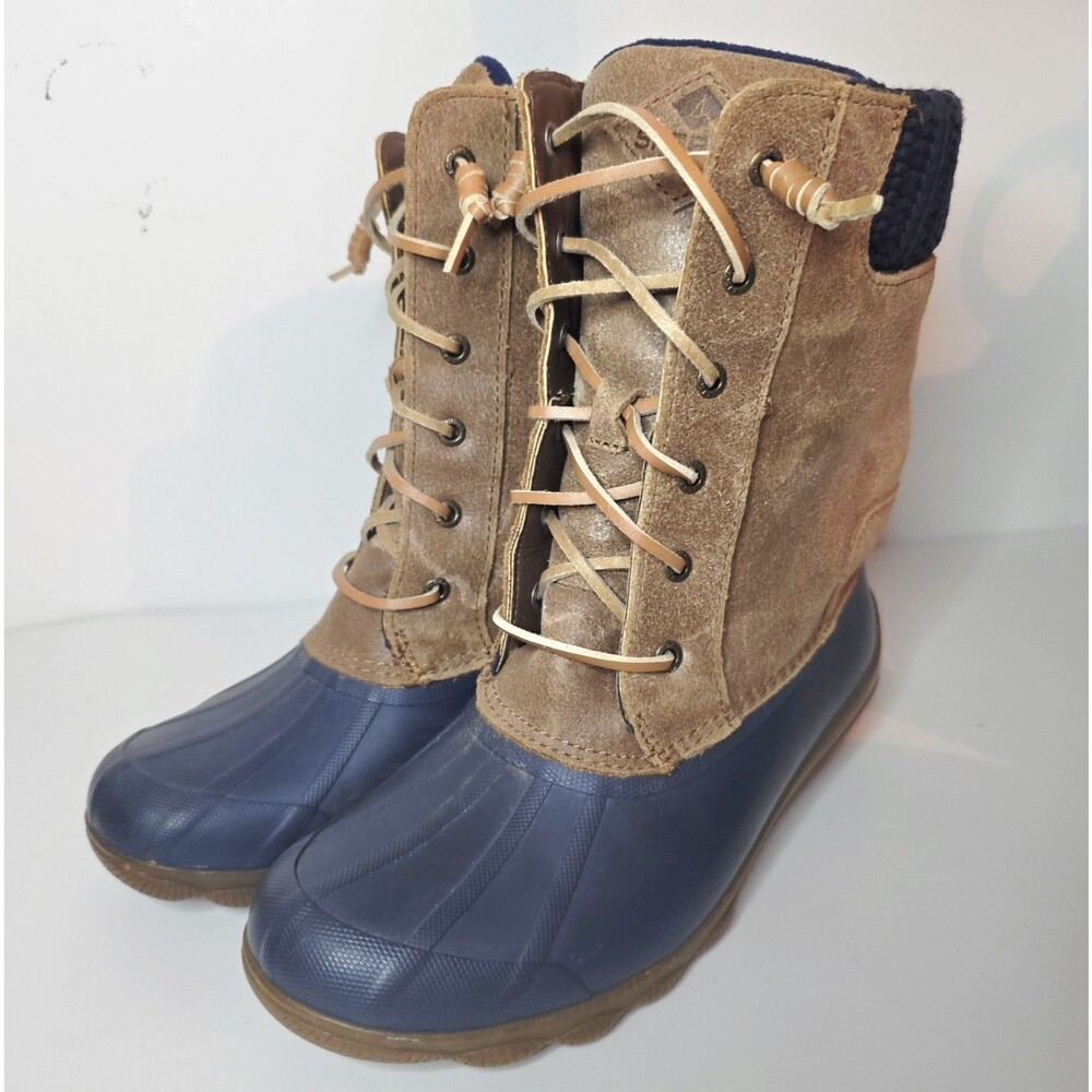Sperry Navy Tan Duck Rain Lace Up Boots STS83682 Womens Size 6